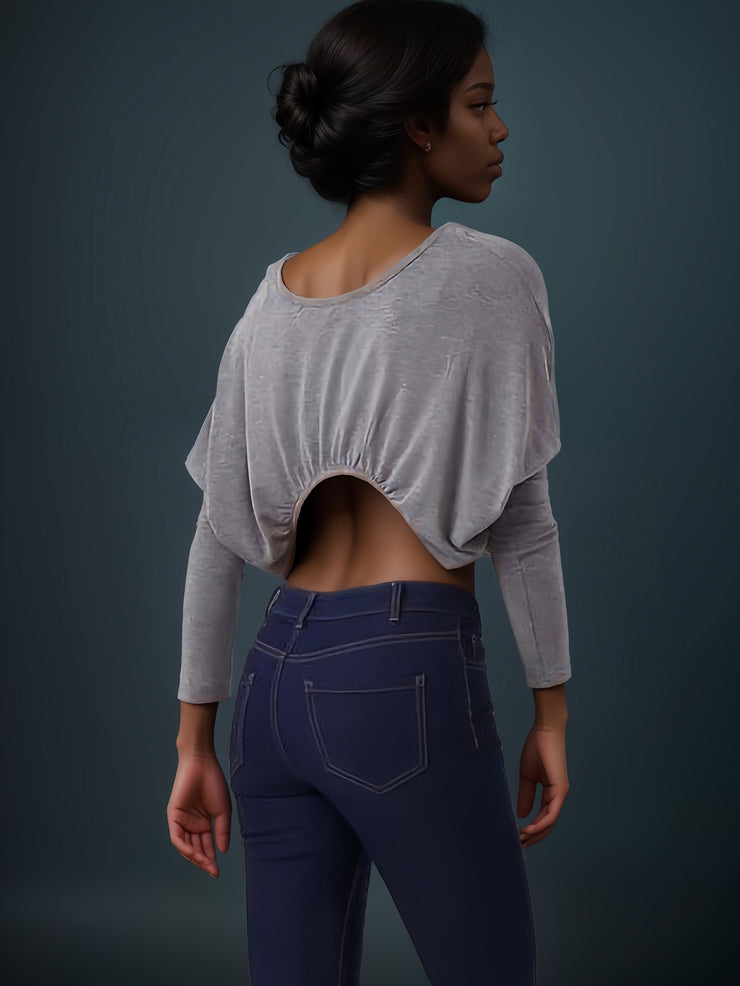 Nia Grey Scoop Back Long Sleeve Crop Top | Kandy's Clothes