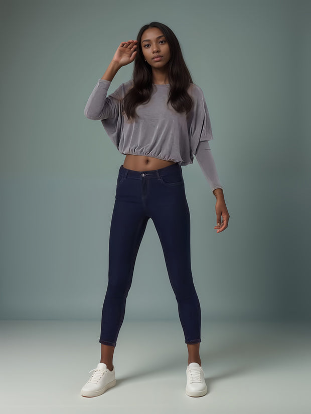 Nia Grey Scoop Back Long Sleeve Crop Top | Kandy's Clothes