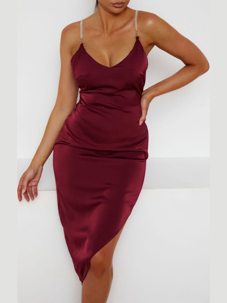 Kendra Burgundy Satin Plunge Diamante Strap Bodycon Midi Dress