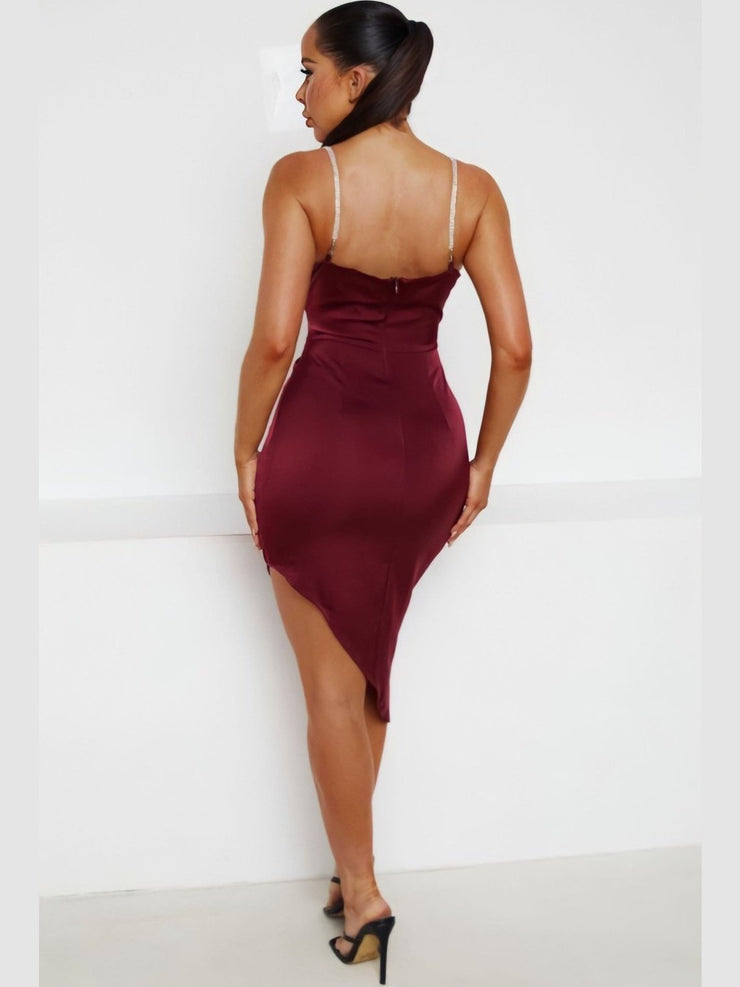 Kendra Burgundy Satin Plunge Diamante Strap Bodycon Midi Dress