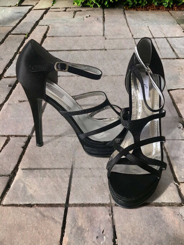 Kindra Black Satin Strappy Cut Out Heels | Shoes | Kandy's Clothes