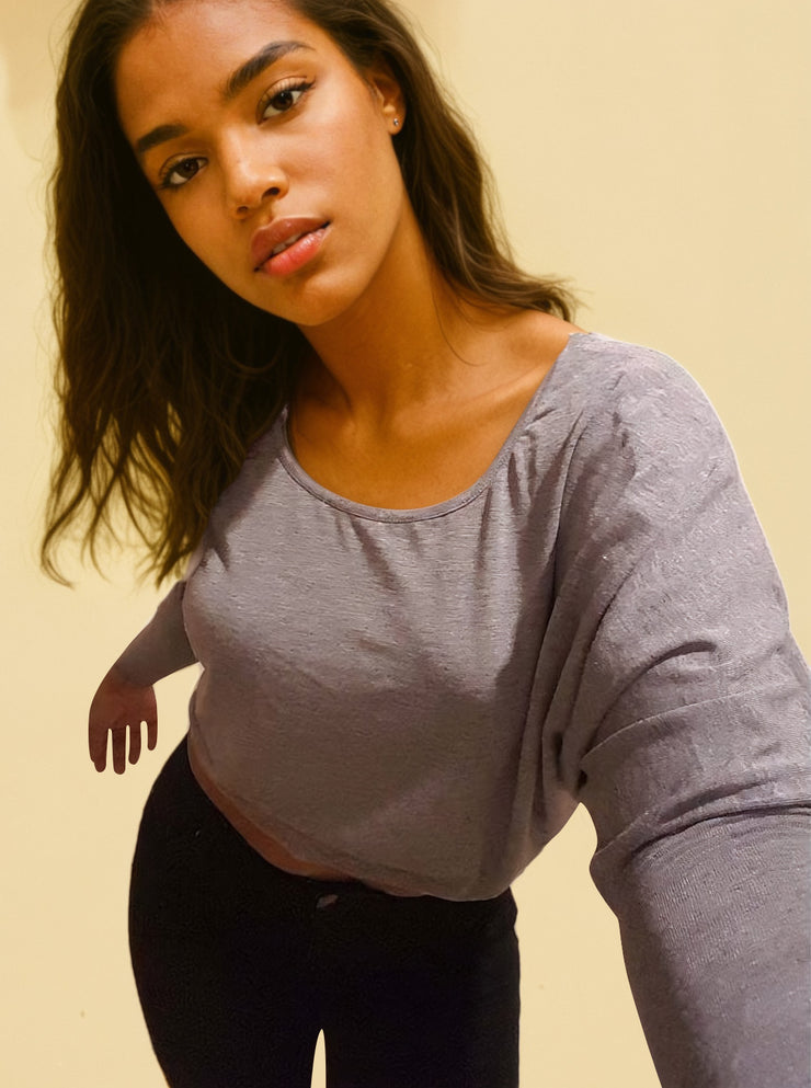 Nia Grey Scoop Back Long Sleeve Crop Top | Kandy's Clothes