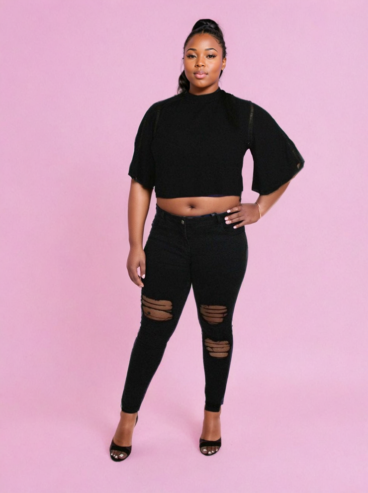 Lacey Black Flare Sleeve Crop Top | Women's Tops | Kandy's Clothes