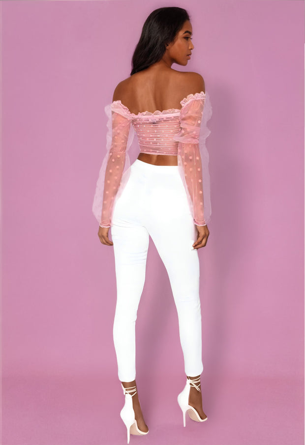 Mesha Pink polka dot puff sleeve sheer mesh crop top