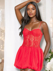  A vibrant red puff ball mini dress featuring a lace bodice with underwire and padded cups, a sweetheart neckline, thin adjustable straps, and a playful puffball skirt with a tie-up detail at the front.