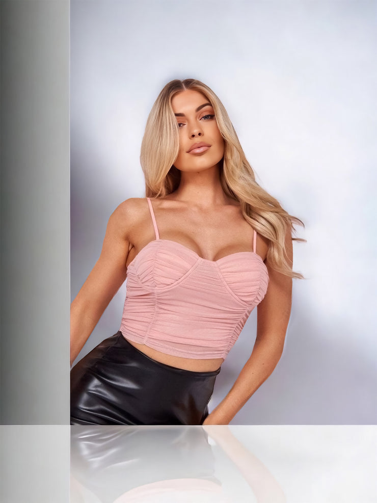 Nicole Blush Pink Mesh Ruched Crop Top | Kandy's Clothes