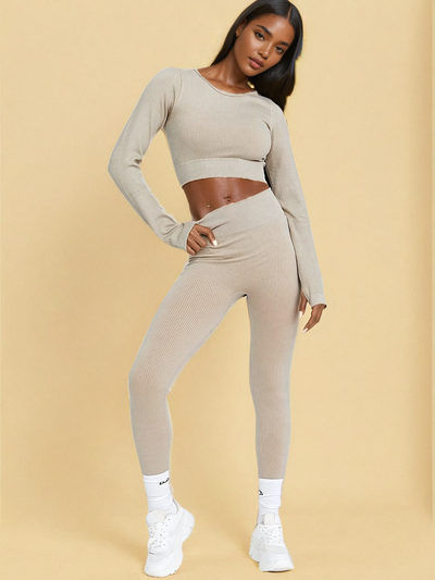 Kayla Stone Structured Contour Rib Crop Top and Leggings Co Ord  | Kandy's Clothes