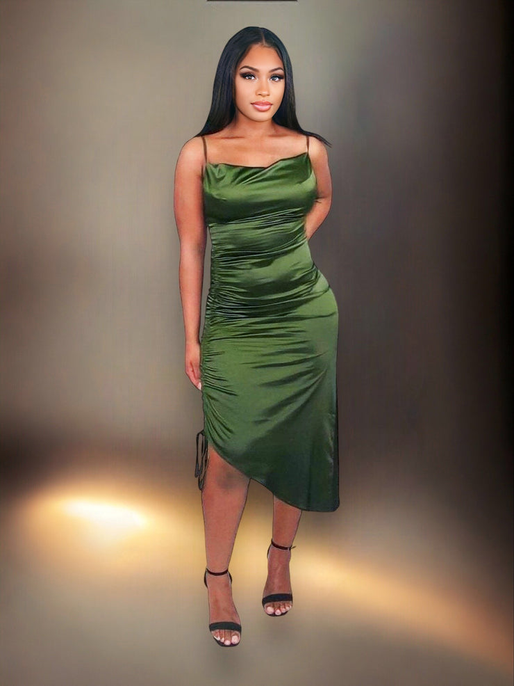 Katana Khaki Satin Strappy Ruched Side Midi Dress | Kandy's Clothes Khaki / M Katana Khaki Satin Strappy Ruched Side Midi Dress | Kandy's Clothes Khaki / M