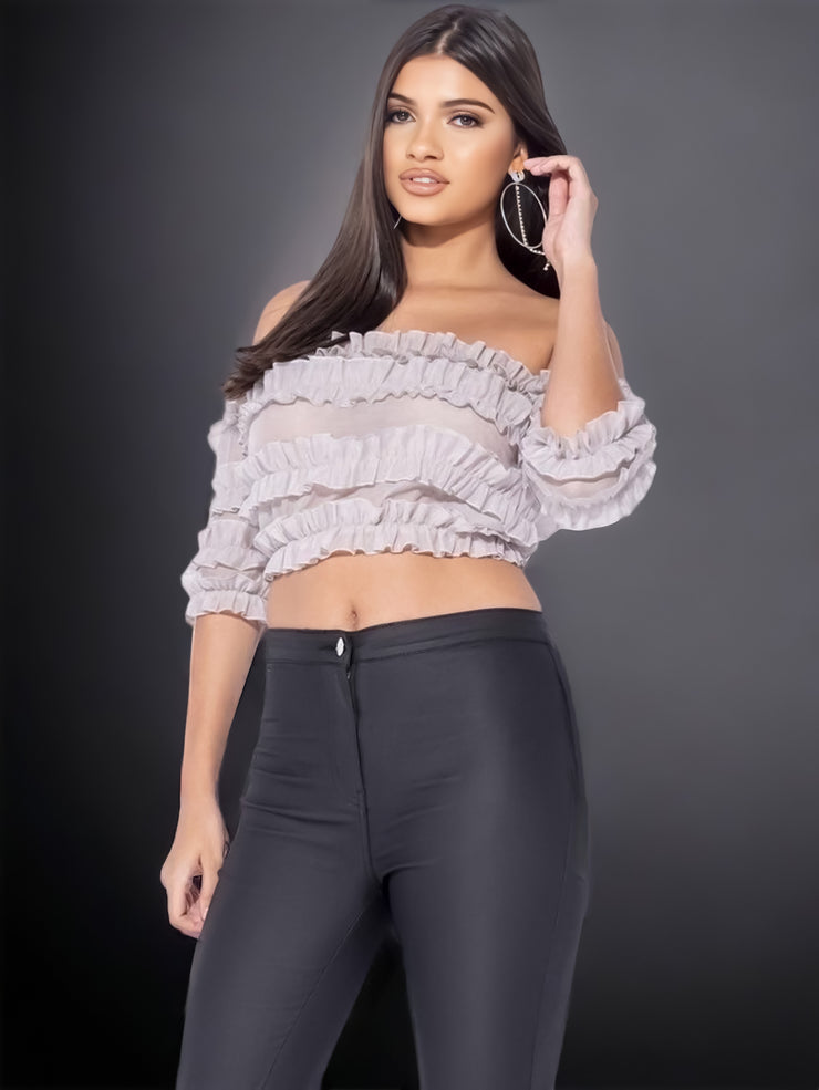 Kace Ruffle Bardot Mocha Crop Top | Party Tops | Kandy's Clothes