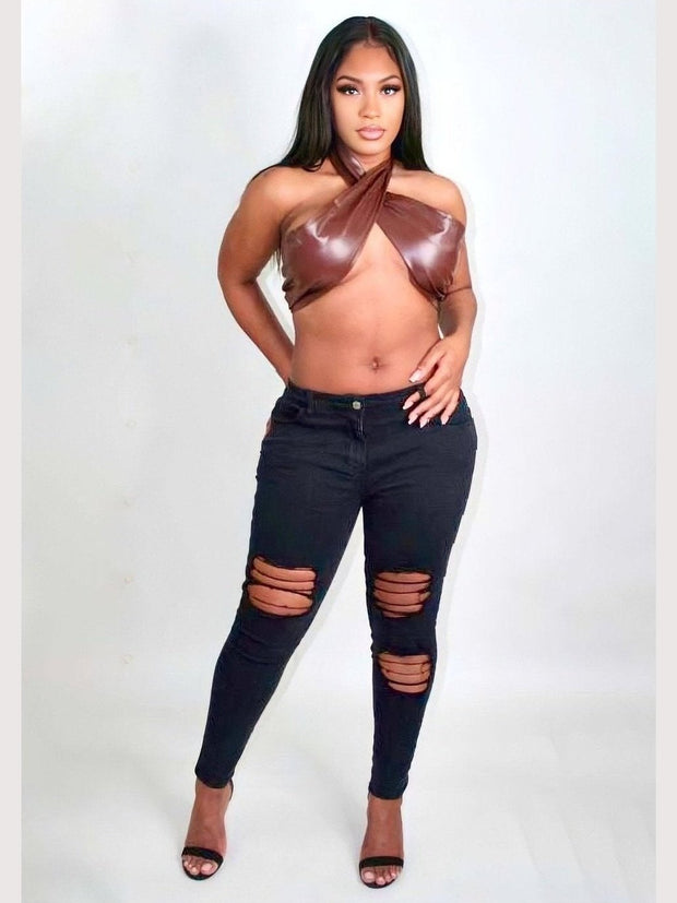 Solana Choco Brown Faux Leather Halterneck Crop Top